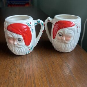 Vintage PAIR Winking Blinking Santa Mini Mug Shot Glass Hologram Eyes Ceramic 4"
